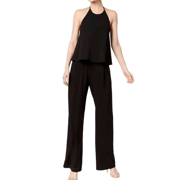 Calvin Klein Black Crepe Wide Leg Halter Top Jumpsuit Pants Size 16 - Picture 1 of 8
